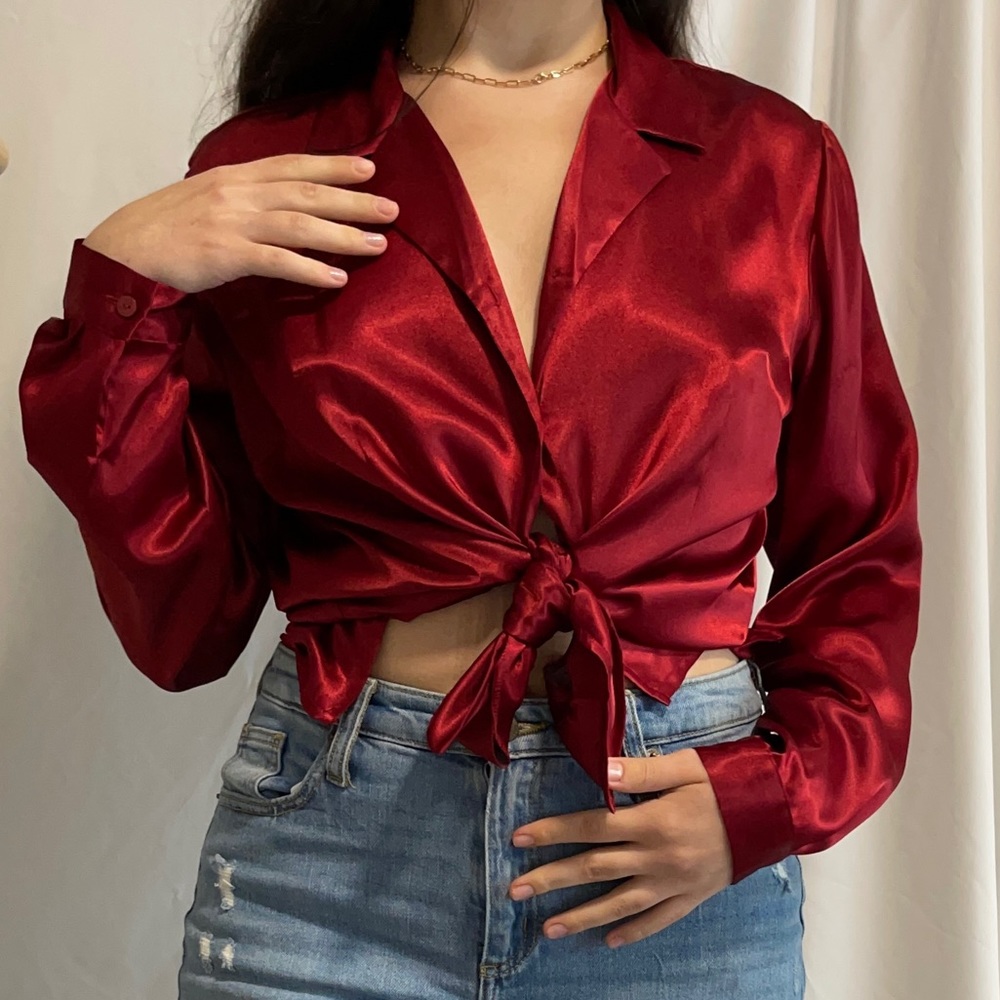 Silky/satin bold red button up blouse